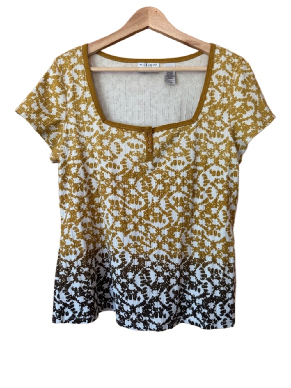Vintage Villager Gradient Floral Print Square-Neck Ribbed Knit Top size 1X